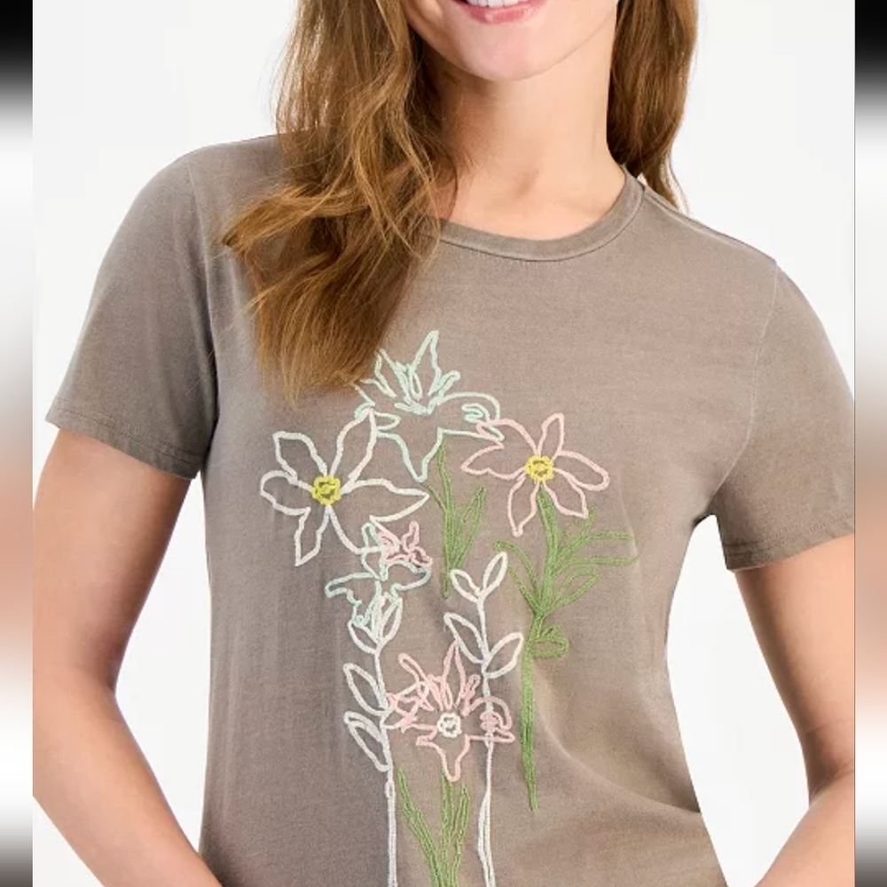 💲ON CLEARANCE💲Lucky Brand Embroidered Floral Tee in Pine Bark sz XS​​​ - Picture 3 of 13